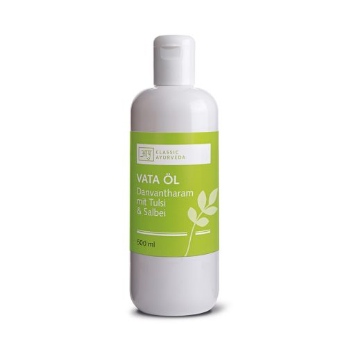 Huile de massage Vata - Danvantharam, 500 ml Huile de massage ayurvédique traditionnelle au tulsi & à la sauge  Classic Ayurveda 